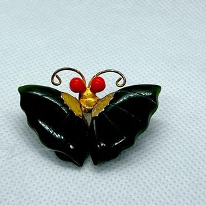 Jade and coral gold tone brooch from 1960s